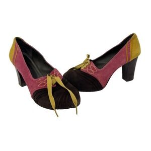 Anthropologie Pilcro & the Letterpress Shoes Heels Suede Size 8 Brown Pink Gold